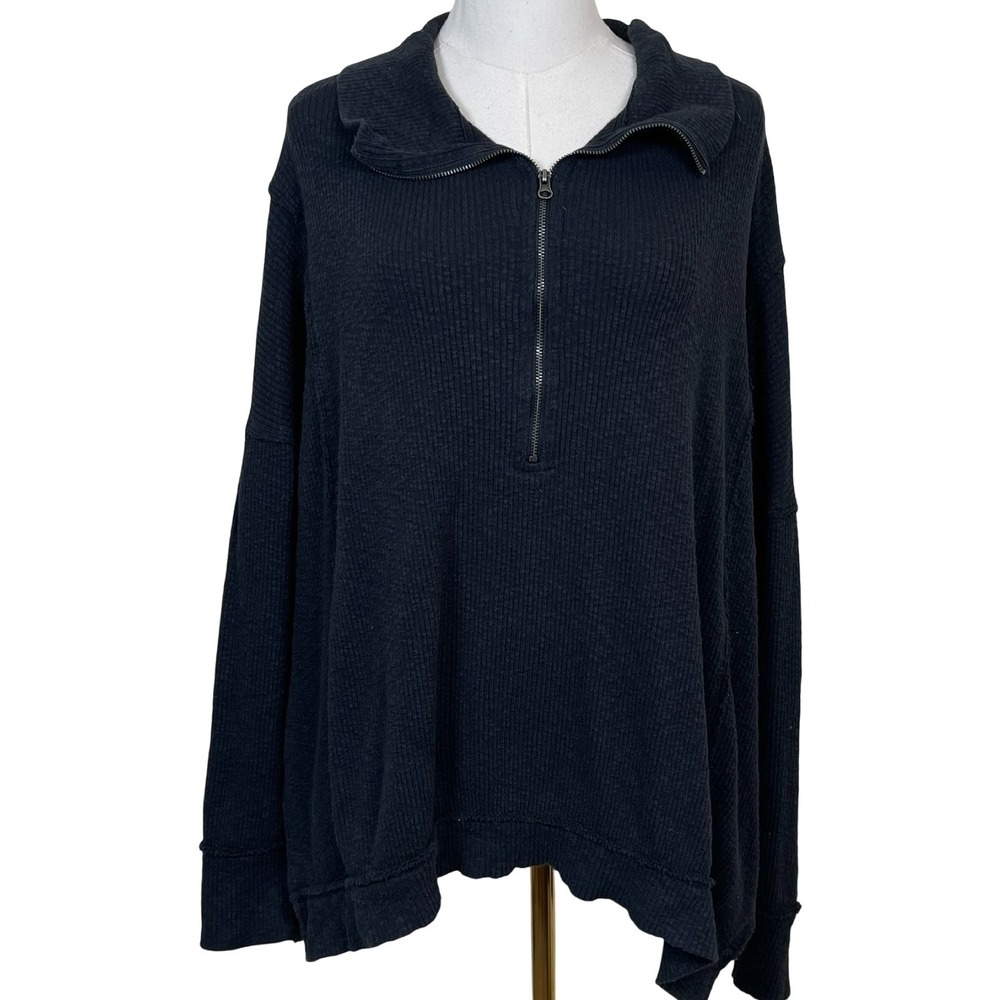 We The Free Free People Walk Away Tuni Women M Black Waffle Quarter Zip Pullover